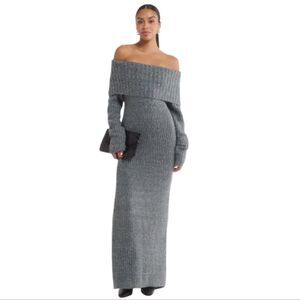 Rumored Fireside Maxi Dress Gray Off-Shoulder Knit Sweater Maxi Dress NEW